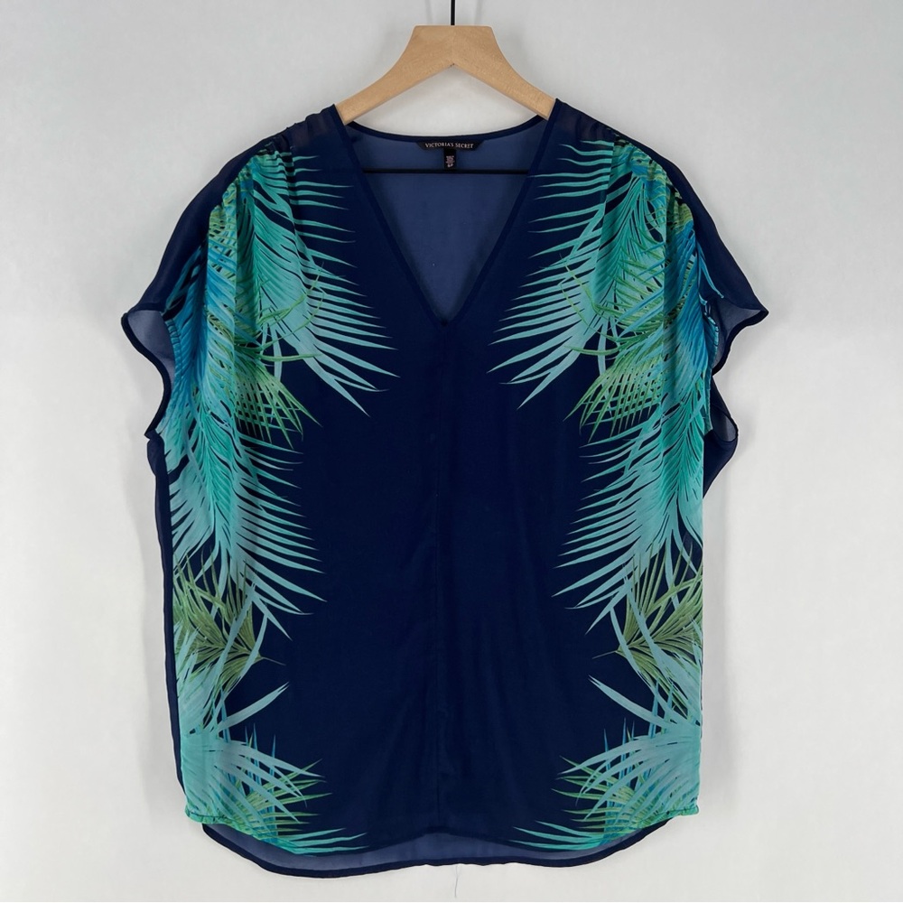 Victoria's Secret Sheer Chiffon Tropical Leaf Print Cap Sleeve V Neck Top Beach